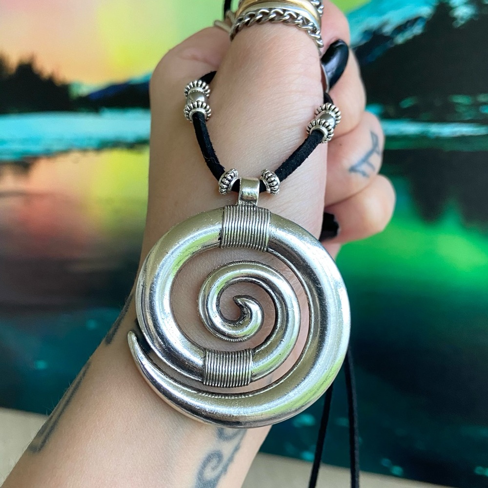 Silver Spiral of life adjustable black suede cord choker or long necklace